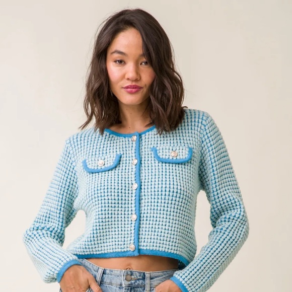 Line & Dot Sweaters - Line & Dot Warm Your Heart Cardigan, Size L, blue